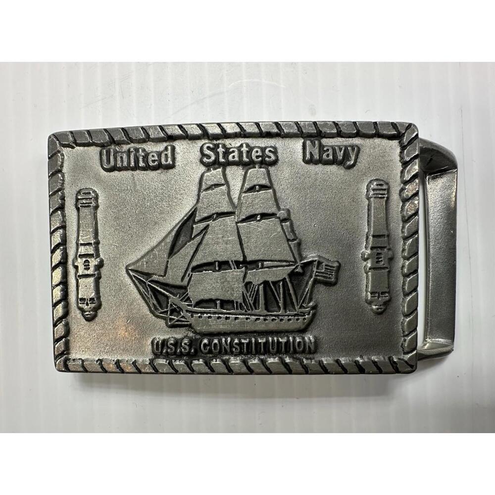 Vintage John E McCann Pewter USS Constitution US Navy Frigate Belt Buckle Gray